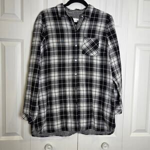 J. Jill Women's Medium Plaid Flannel Shirt Black White Long Sleeve Button Up Top